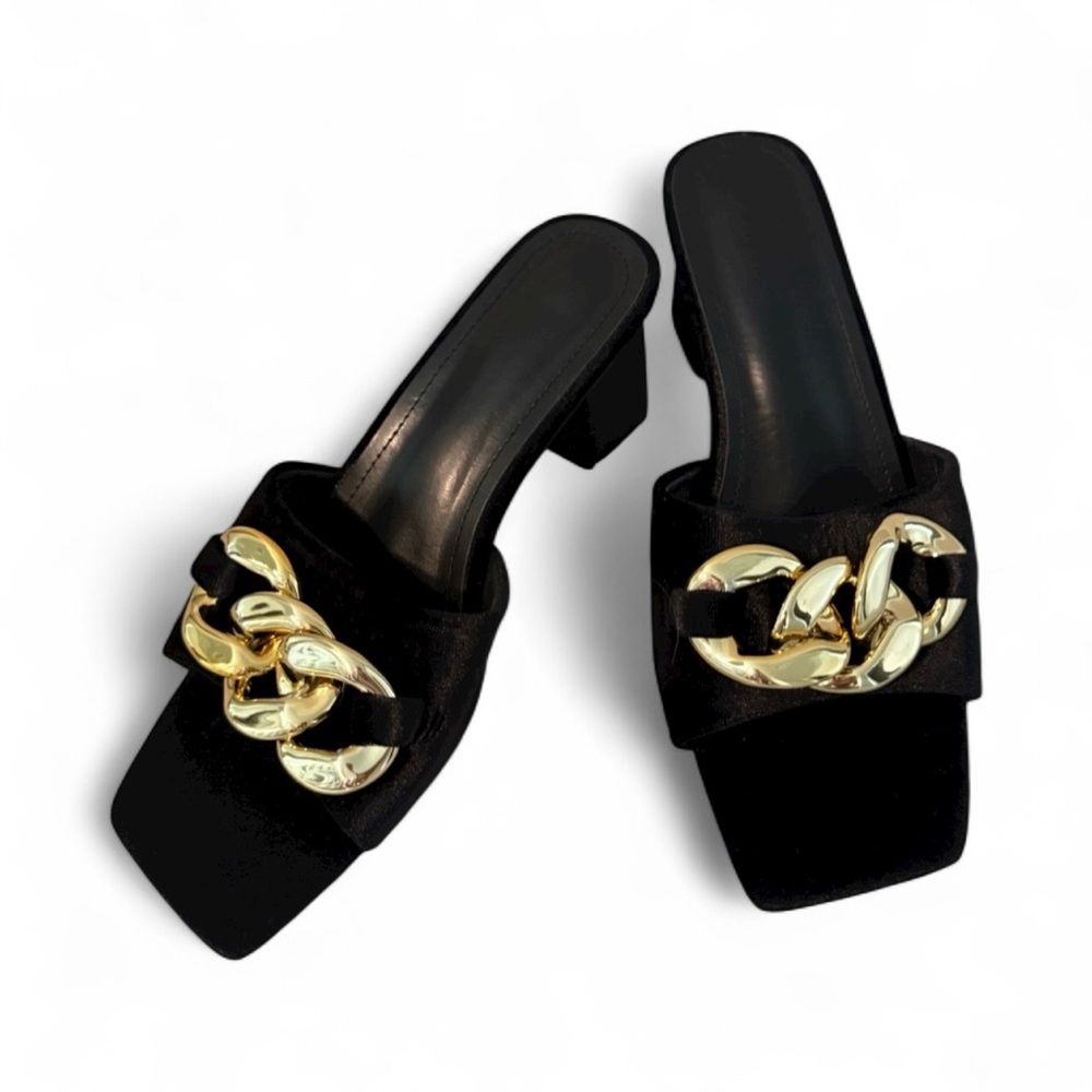 NWOT Black Velvet Slide Mules with Gold Hardware - Size 8-1/